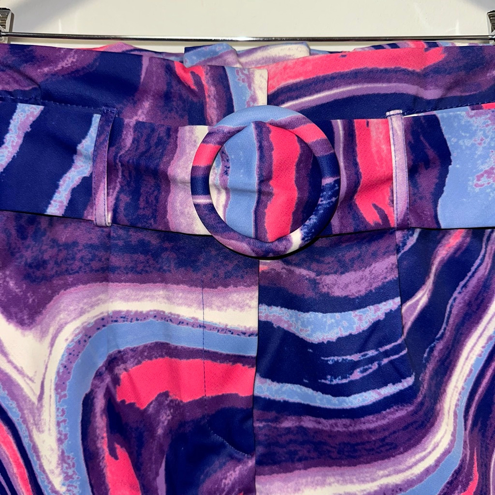 One N More Psychedelic Ruffle Paperbag Women's Shorts Pink Purple S Belted NWT - Picture 6 of 12